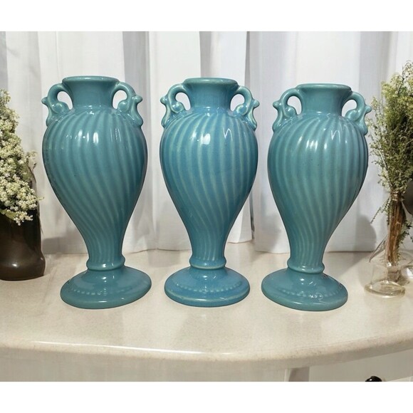 VTG Royal Haeger Light Blue Urn Vase w/Swirls 7" Ceramic Bud Vase Set Of 3 MCM - Picture 1 of 14